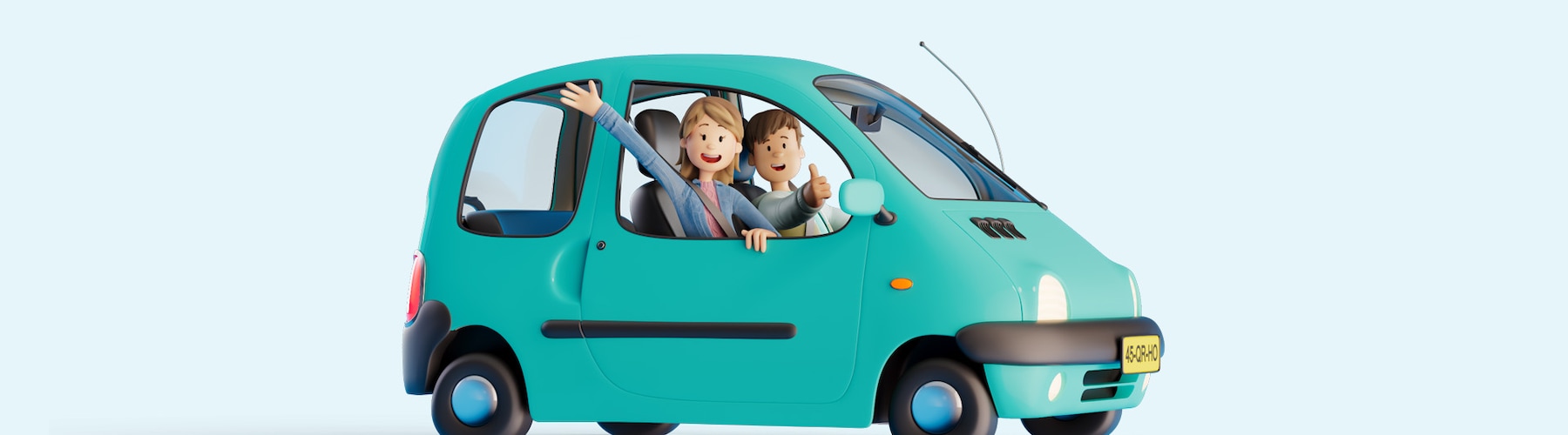 Roos en Matthijs in een blauwe auto