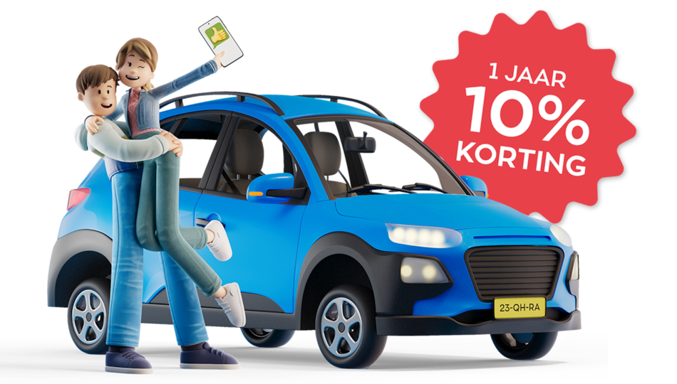 Blije man en vrouw bij blauwe auto