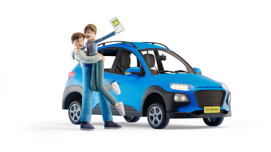 Blije man en vrouw bij blauwe auto