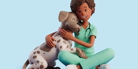 Dierenarts in kleermakerszit knuffelt tevreden hond