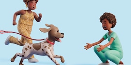 Baasje en hond rennen naar dierenarts die klaar zit om hond te omarmen