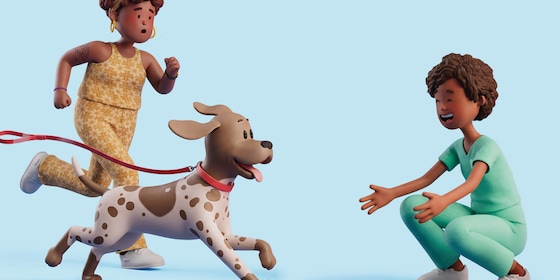 Baasje en hond rennen naar dierenarts die klaar zit om hond te omarmen