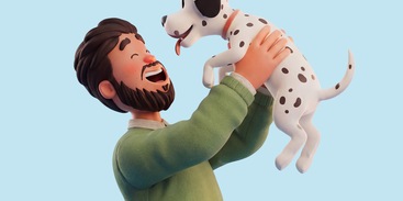 Baasje tilt blij zijn nieuwe dalmatiër-pup in de lucht