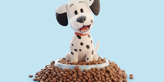 Blije dalmatiër-pup in bak met hondenbrokken