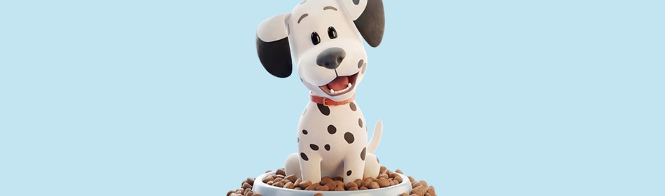Dalmatiër pup zit in een bak vol puppyvoeding