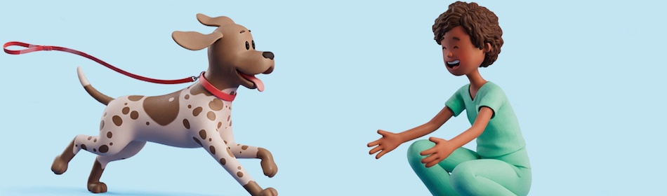 Dalmatiër rent enthousiast naar baasje dat gehurkt klaar zit met haar armen gespreid