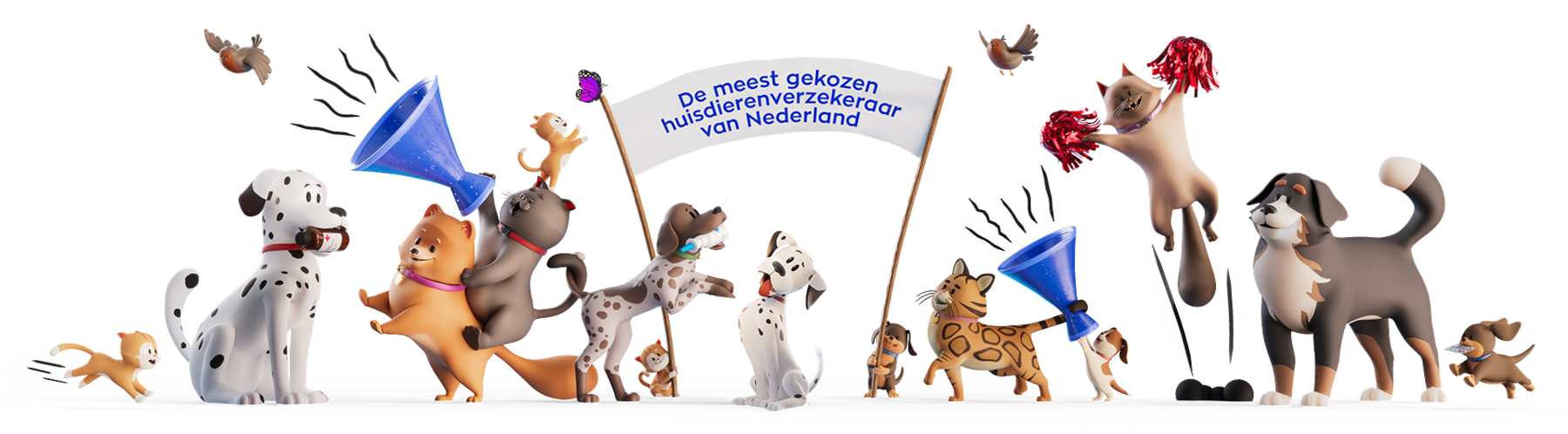 Dieren vieren feest met een spandoek: de meest gekozen huisdierenverzekeraar van Nederland