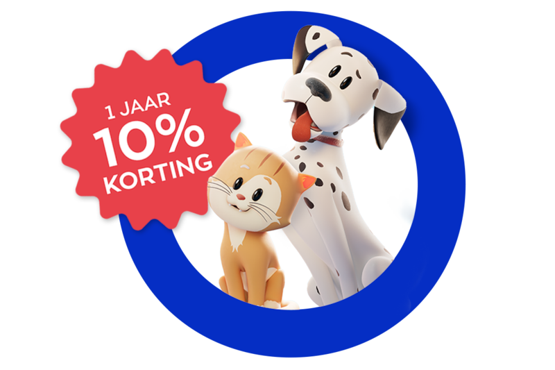 Hond en kat afgebeeld in cirkel met 10% korting sticker