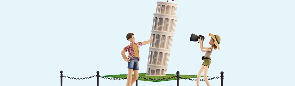 Roos en Matthijs bij de toren van Pisa