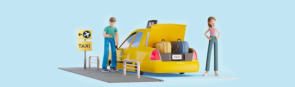 Roos en Matthijs bij een taxi