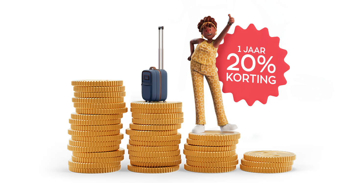 vrouw loopt over stapel muntjes met rolkoffer