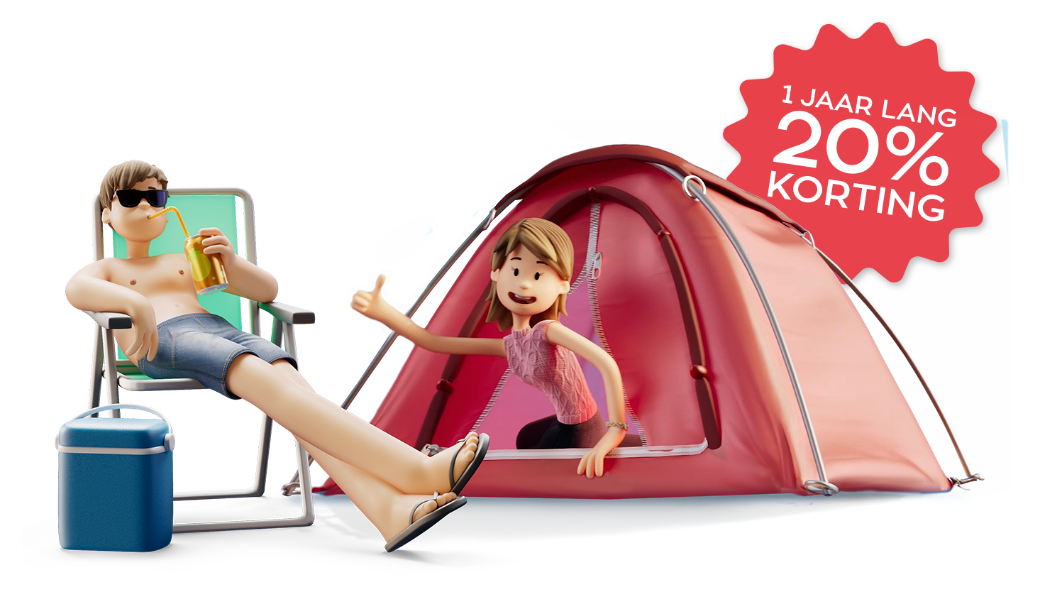 Roos en Matthijs zijn aan het kamperen en bieden 1 jaar lang 20% korting op de doorlopende reisverzekering aan