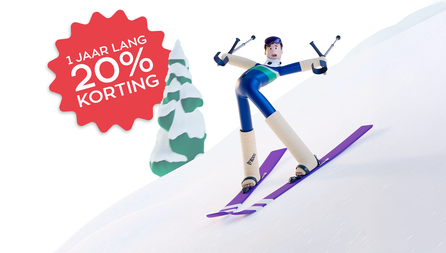 Matthijs skiet van een berg af met een gegipst been en biedt 1 jaar lang 20% korting aan op de reisverzekering