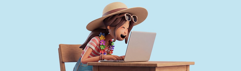 Vrouw in vakantiekleding en met koffer achter computer
