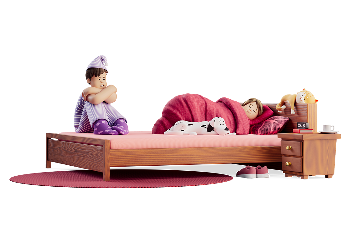 man en vrouw in bed. Man kan niet slapen en is boos wakker. Vrouw slaapt heerlijk.