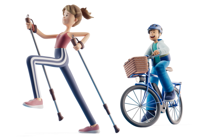 Man op fiets en vrouw met loopstokken